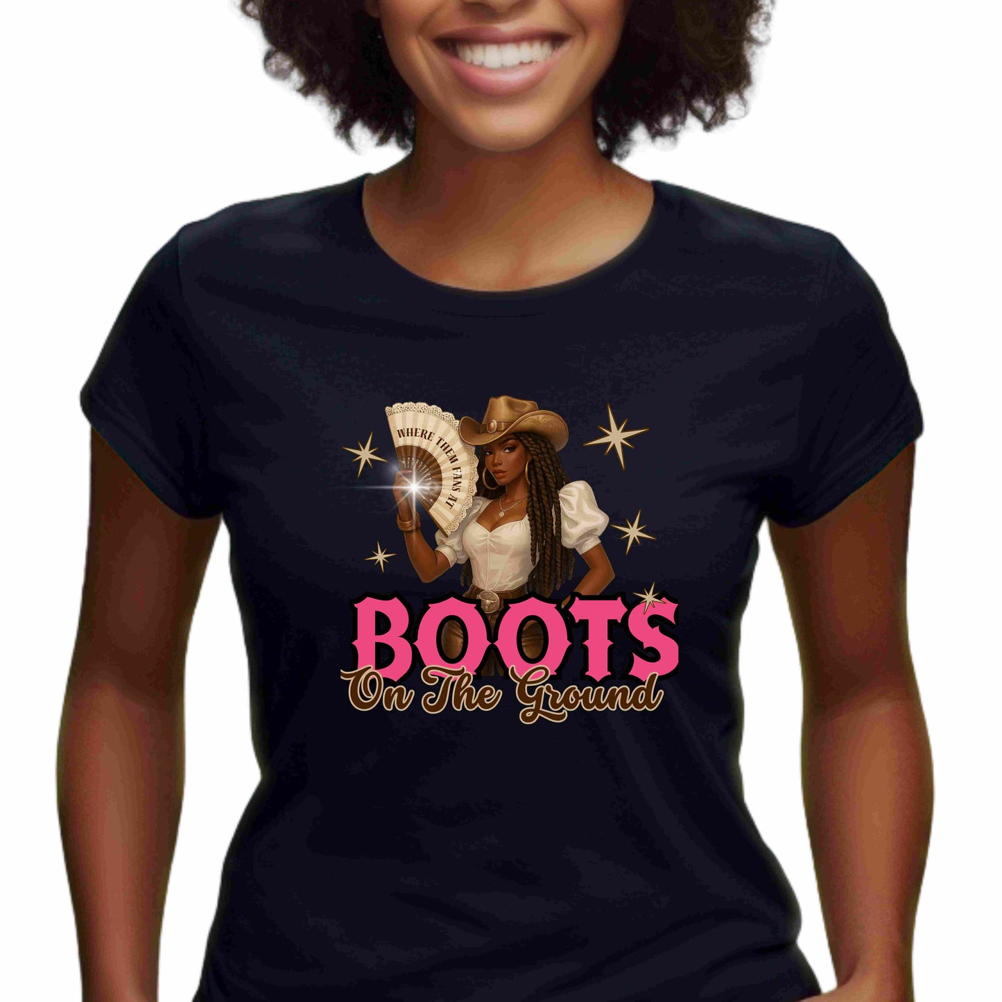 Boots on the Ground with Pink Writing Ladies' 5.3 oz. T-Shirt